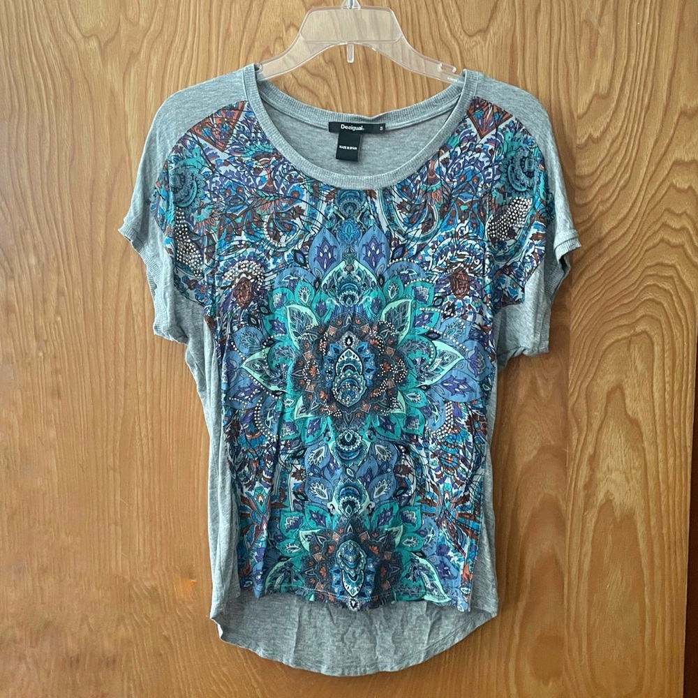 Desigual embellished t-shirt, mixed paisley patterns with studs, size small